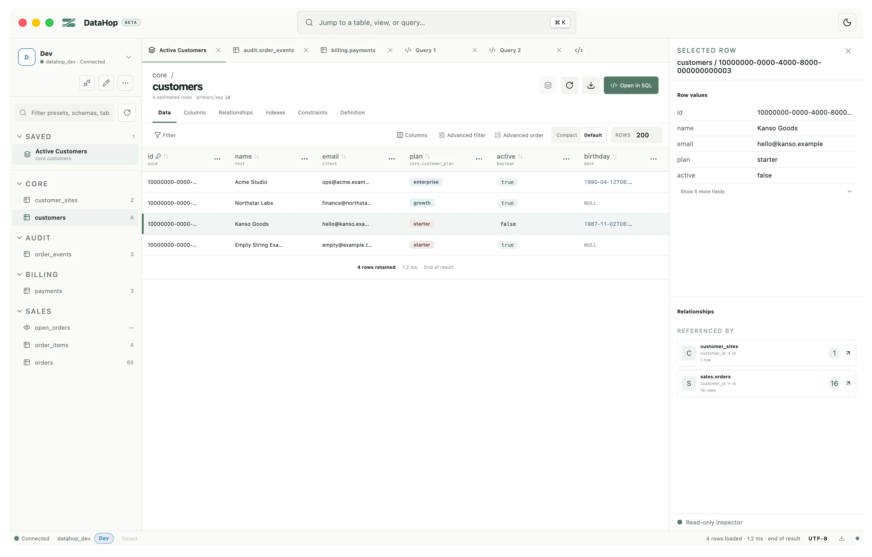 DataHop showing the customers table, saved presets, open SQL queries, row values, and related records.